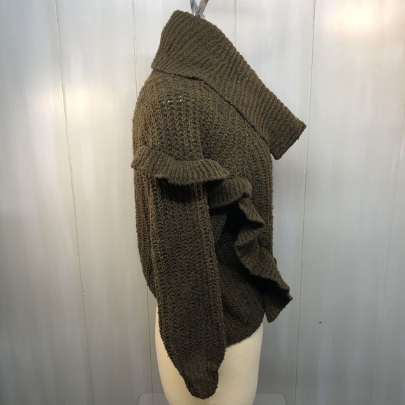 Express Cowl Neck Olive Green Crop Sweater Size Small Ruffle Detail Cowl Neck - Picture 4 of 11